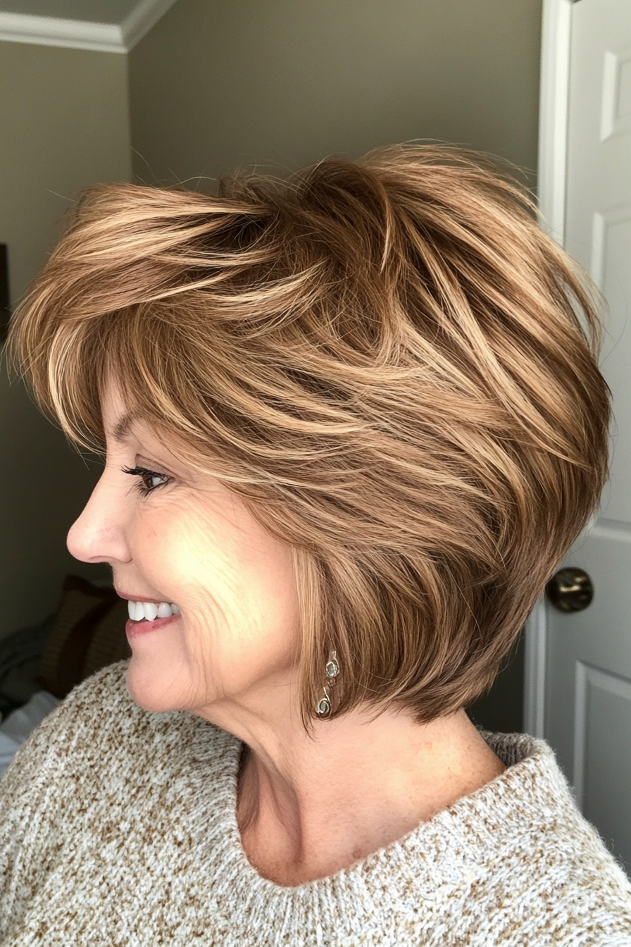 17. Voluminous Short Shag in Golden Brown (Best Haircuts For Women Over 60) - Best Haircuts For Women Over 60