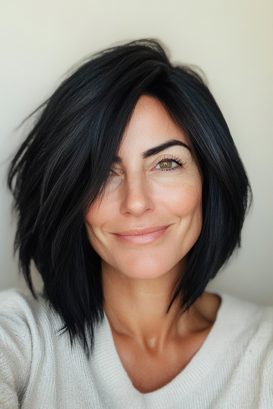 18. Asymmetrical Bob in Natural Black (Best Haircuts For Women Over 60) - Best Haircuts For Women Over 60
