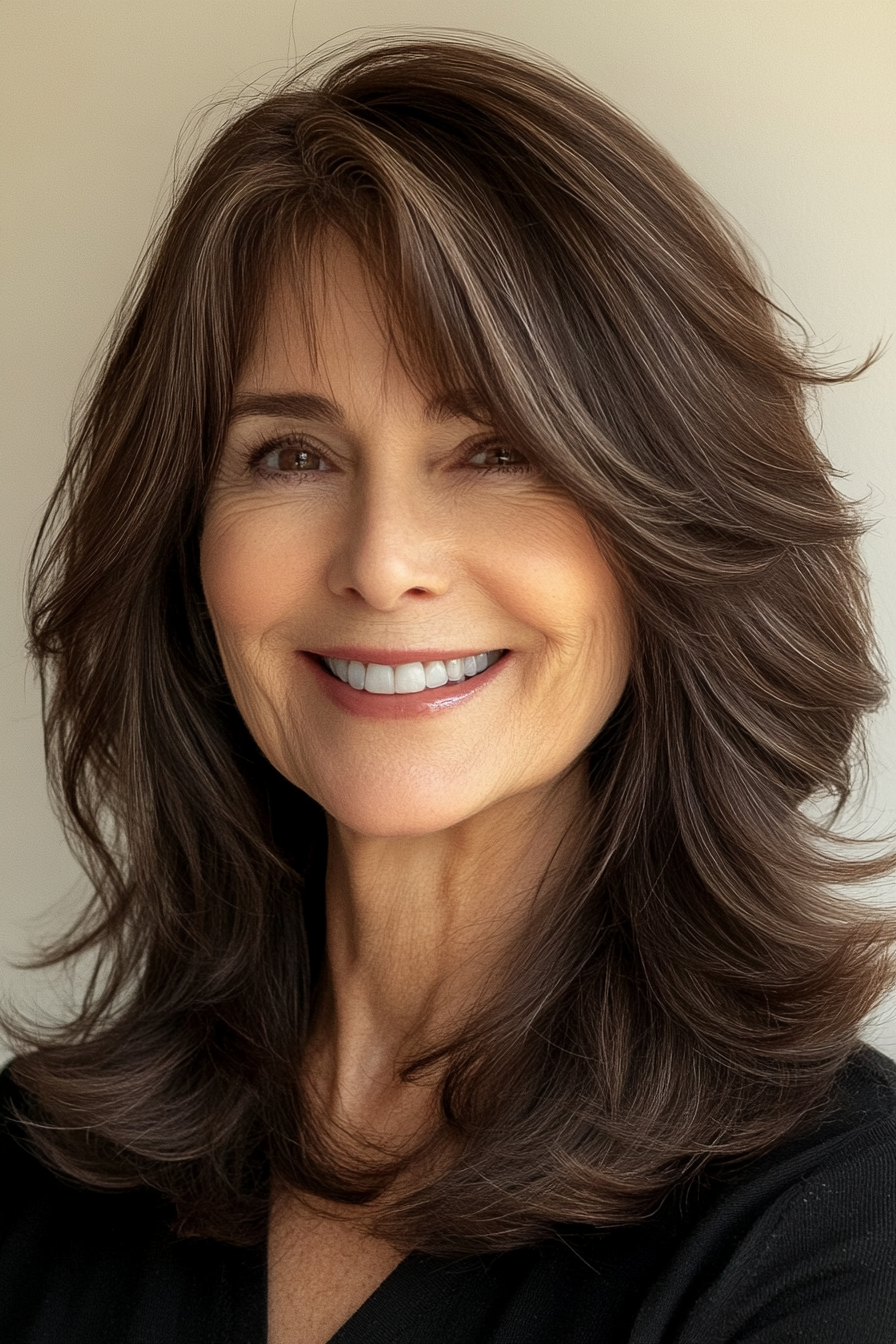 19. Wispy Bangs with Mid-Length Layers in Chocolate Brown (Best Haircuts For Women Over 60) - Best Haircuts For Women Over 60