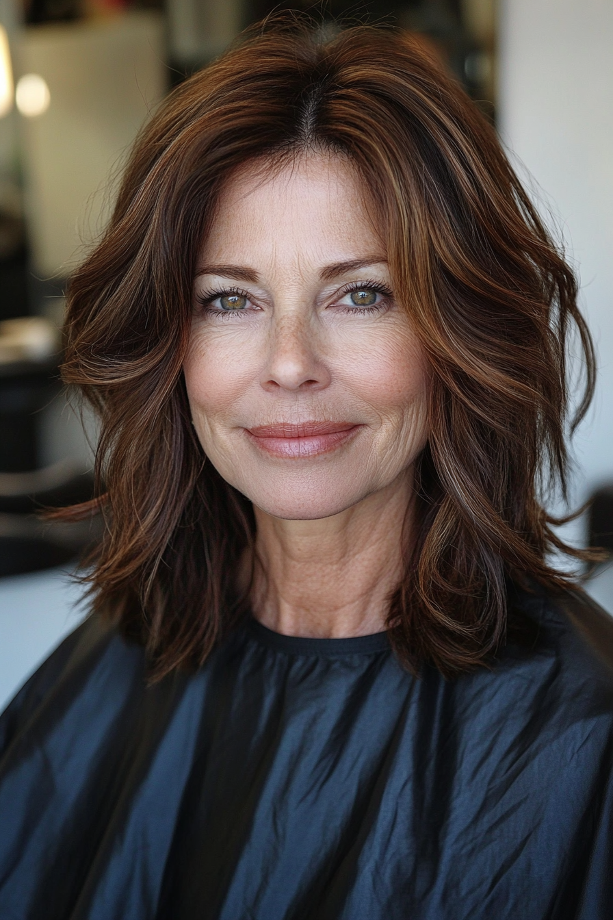 23. Wavy Shoulder-Length Cut in Dark Mahogany (Best Haircuts For Women Over 60) - Best Haircuts For Women Over 60