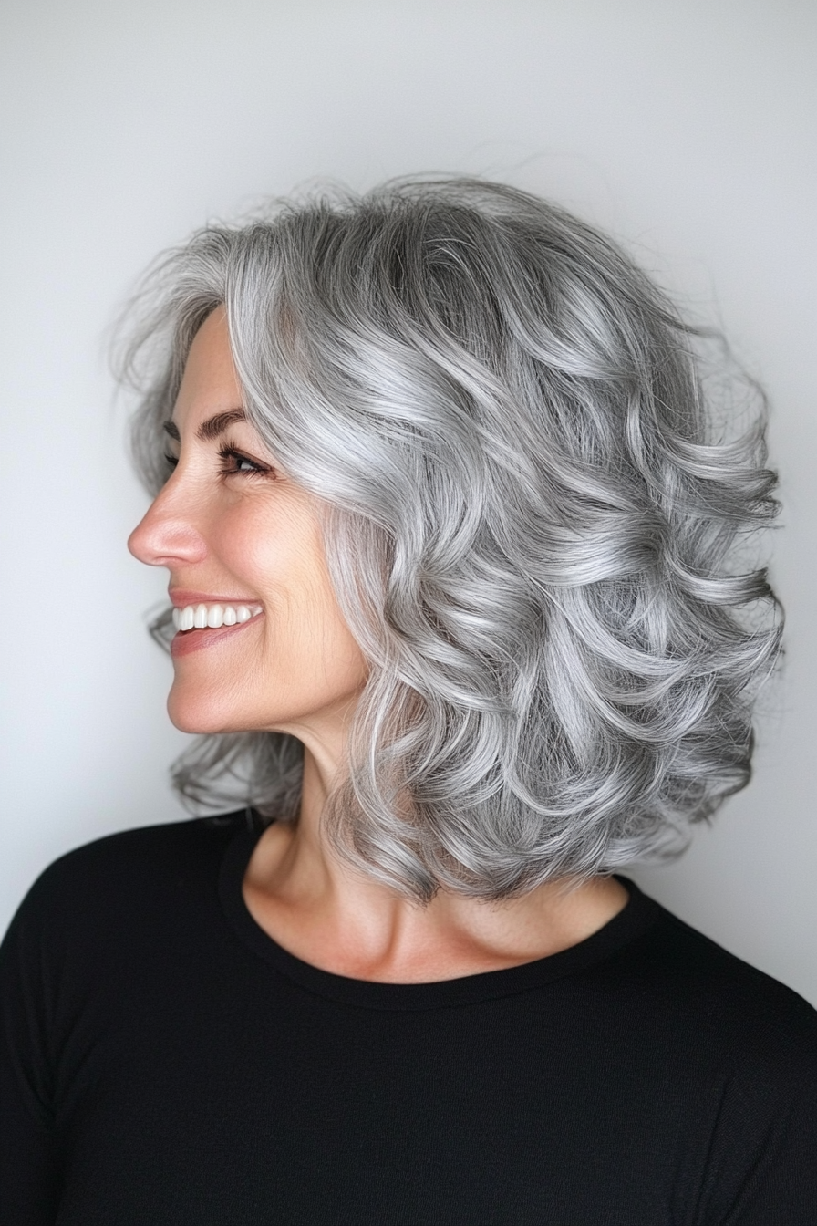 3. Silvery Feathered Shag (Curly Bob Hairstyles For Over 50) - Curly Bob Hairstyles For Over 50