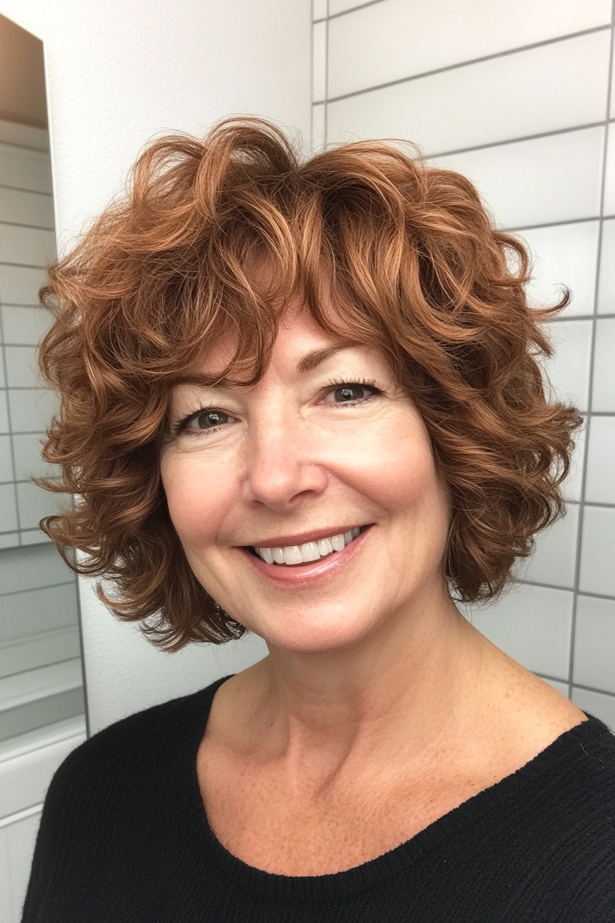 4. Chestnut Textured Bob Shag (Curly Bob Hairstyles For Over 50) - Curly Bob Hairstyles For Over 50
