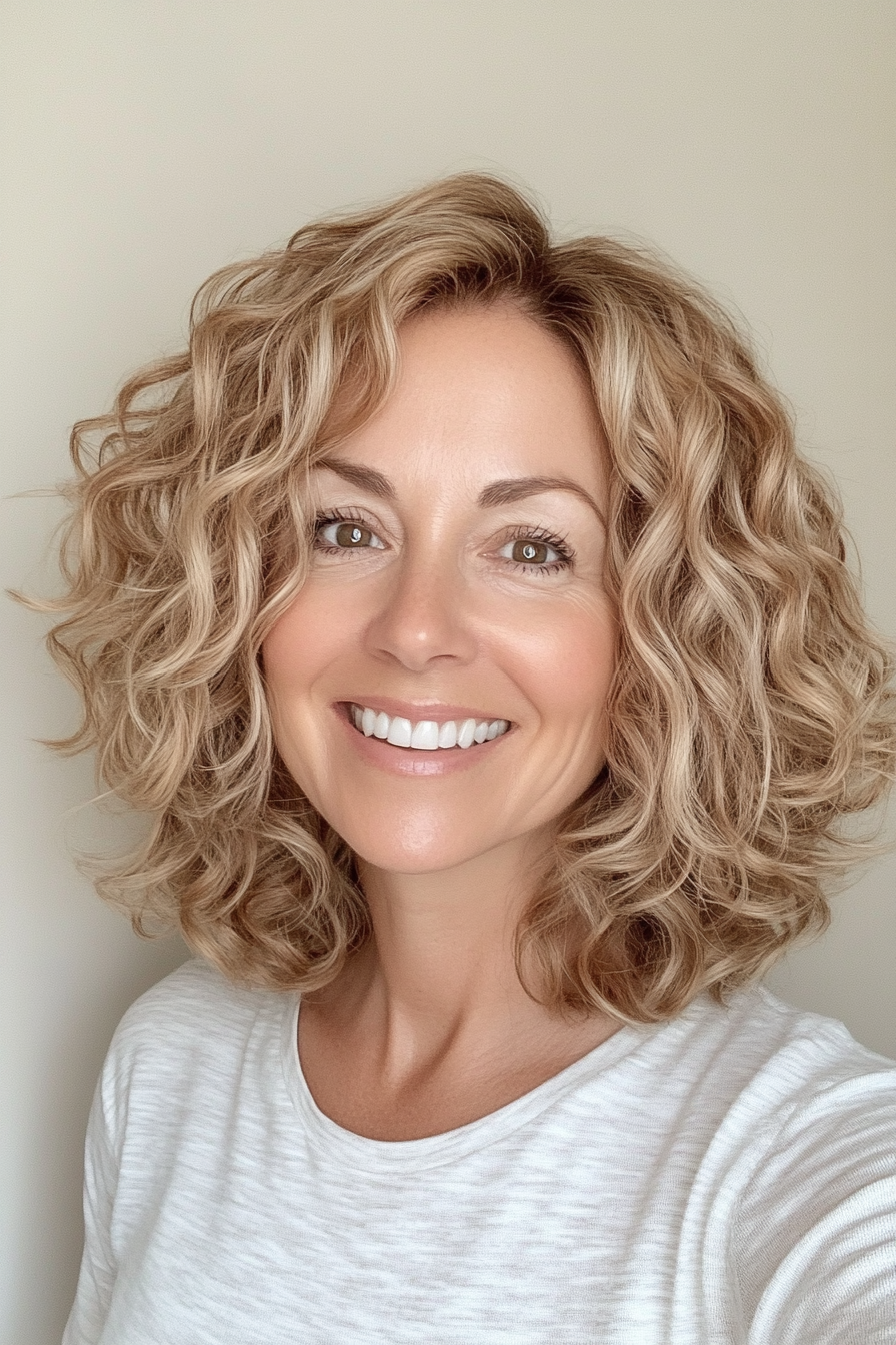 7. Honey Blonde Layered Lob (Curly Bob Hairstyles For Over 50) - Curly Bob Hairstyles For Over 50