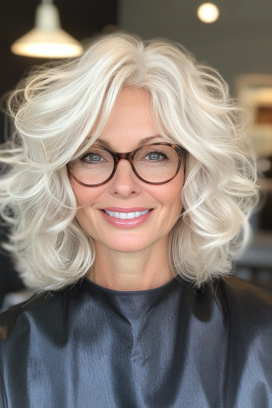 8. Platinum Shag with Long Bangs (Curly Bob Hairstyles For Over 50) - Curly Bob Hairstyles For Over 50