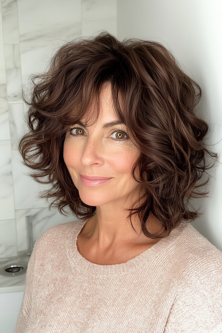 9. Chocolate Brown Shoulder-Length Shag (Curly Bob Hairstyles For Over 50) - Curly Bob Hairstyles For Over 50