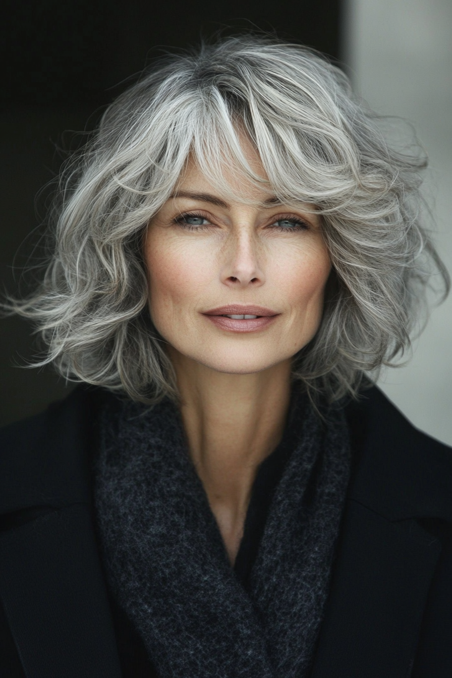 12. Salt and Pepper Short Shag (Curly Bob Hairstyles For Over 50) - Curly Bob Hairstyles For Over 50