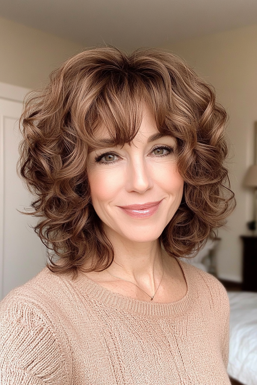 13. Warm Brown Shoulder-Length Shag with Curtain Bangs (Curly Bob Hairstyles For Over 50) - Curly Bob Hairstyles For Over 50