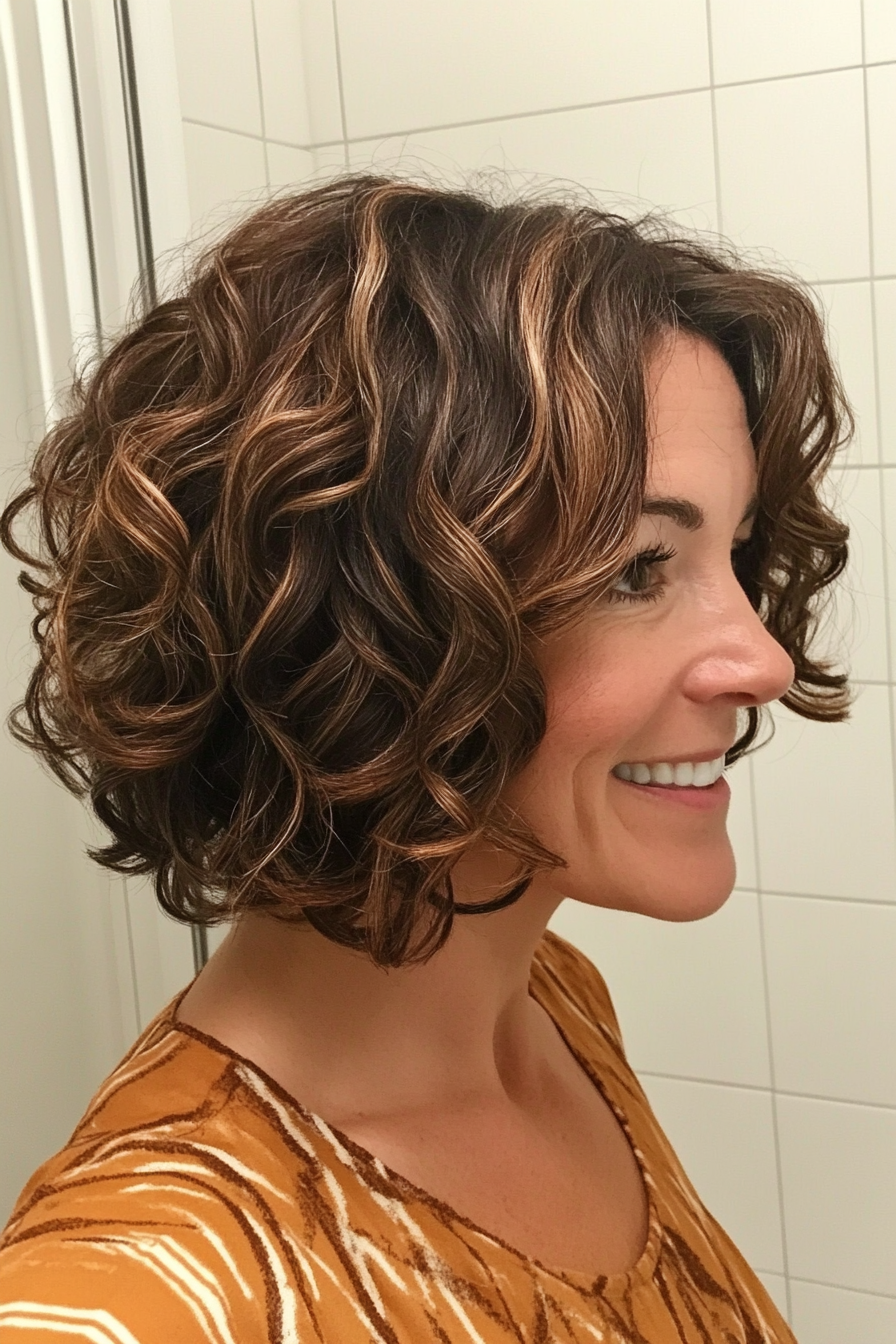 16. Chocolate Highlights Shaggy Lob (Curly Bob Hairstyles For Over 50) - Curly Bob Hairstyles For Over 50