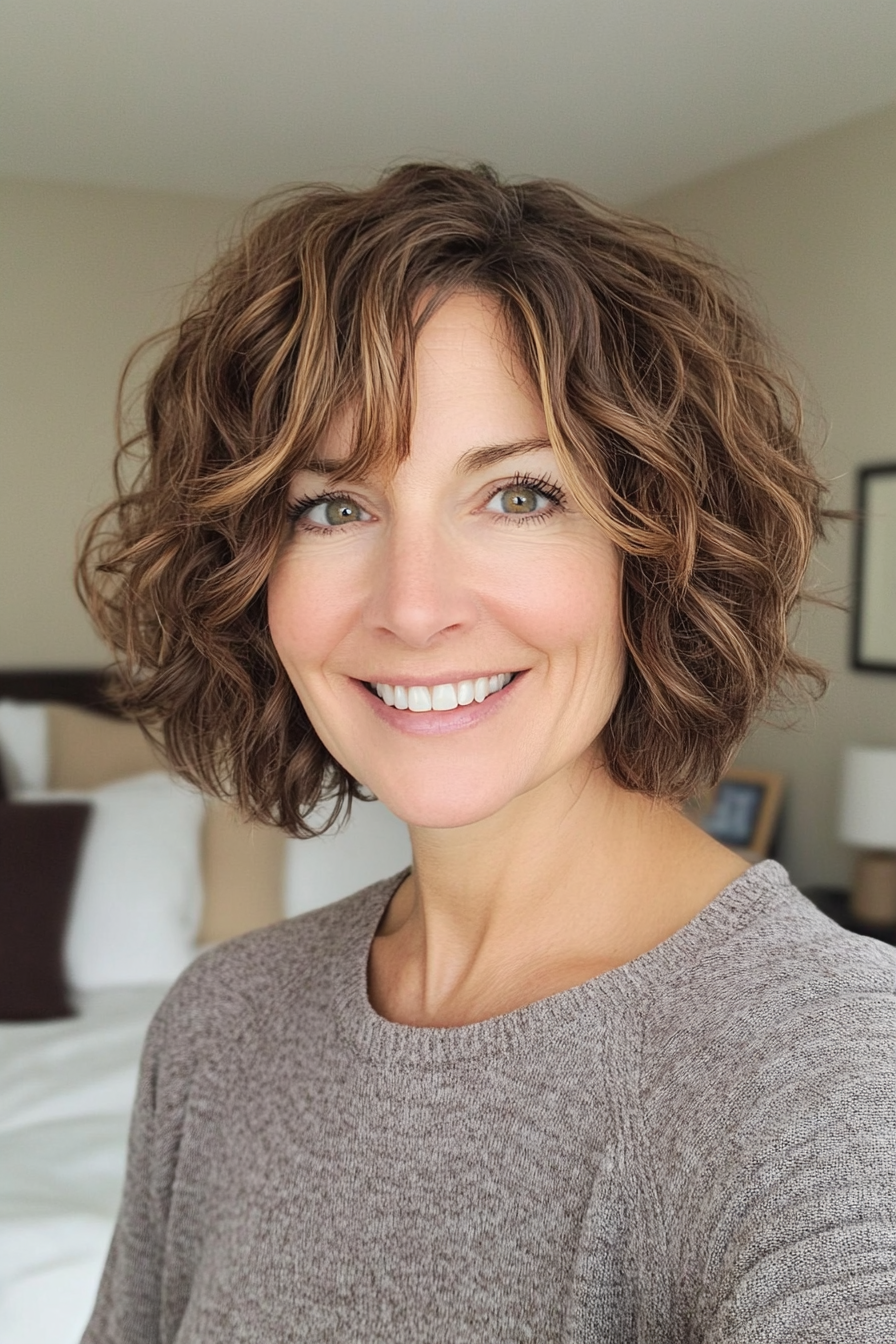 20. Ash Brown Choppy Bob (Curly Bob Hairstyles For Over 50) - Curly Bob Hairstyles For Over 50