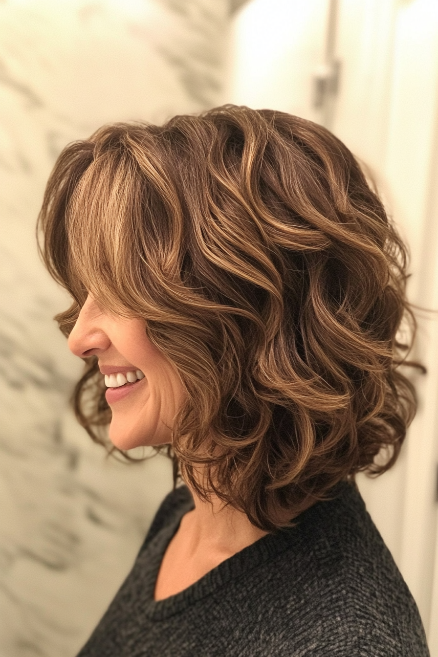 21. Honey Brown Layered Shag with Long Layers (Curly Bob Hairstyles For Over 50) - Curly Bob Hairstyles For Over 50