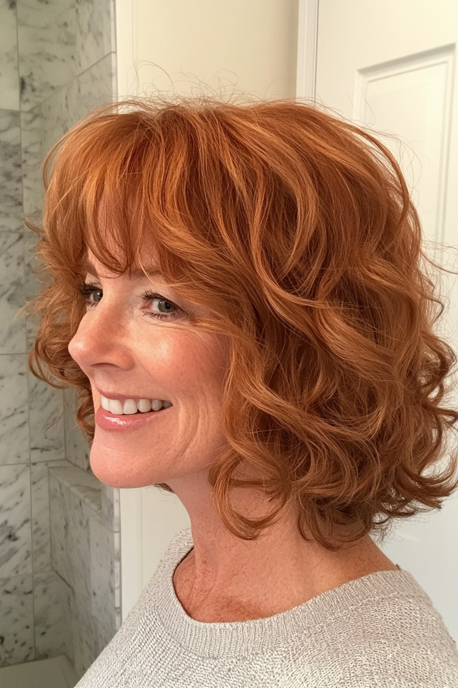 23. Soft Auburn Shag with Wispy Bangs (Curly Bob Hairstyles For Over 50) - Curly Bob Hairstyles For Over 50