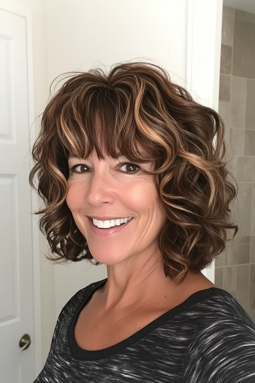 25. Chocolate Highlights Shaggy Lob (Curly Bob Hairstyles For Over 50) - Curly Bob Hairstyles For Over 50
