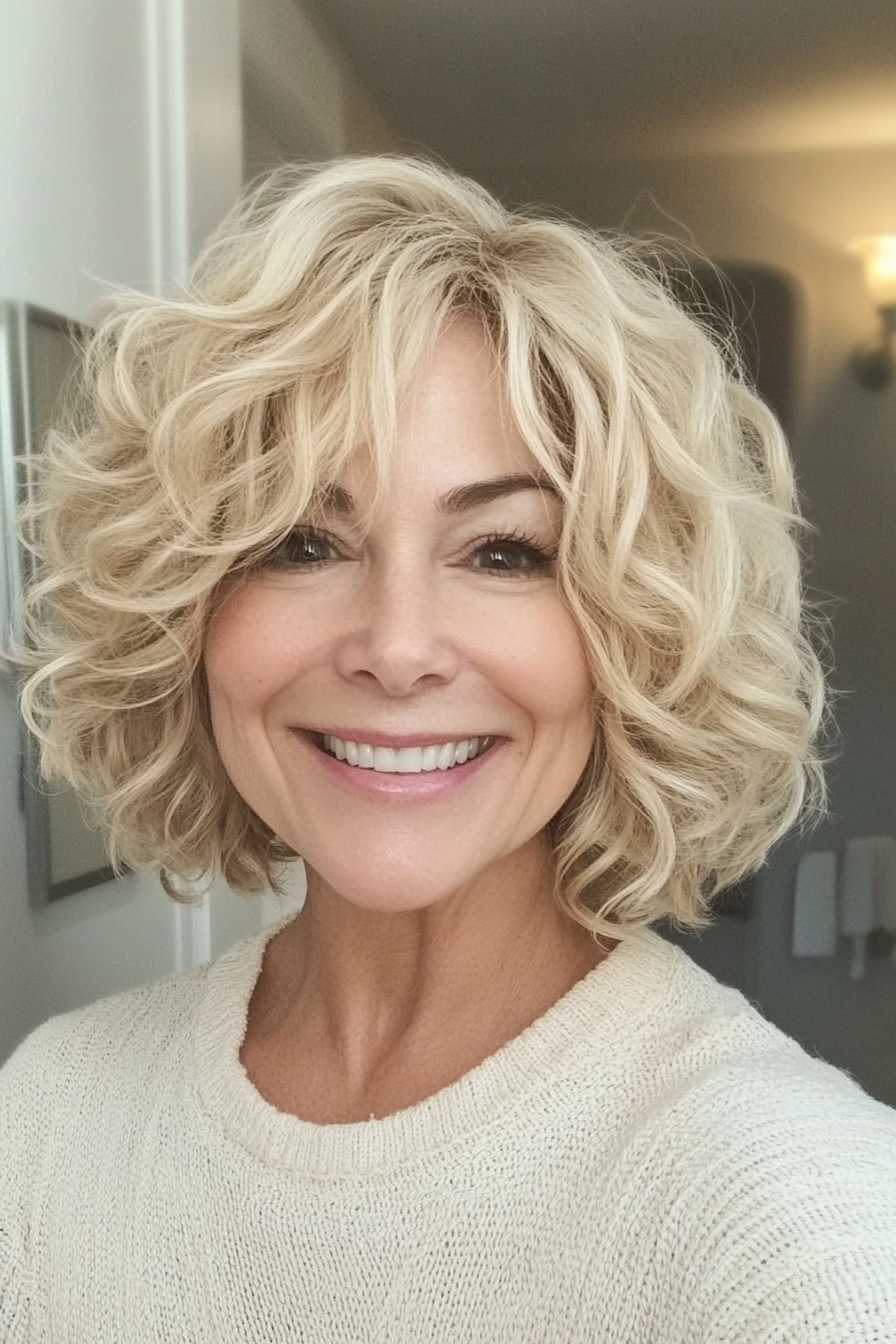 27. Ivory Blonde Shag with Textured Layers (Curly Bob Hairstyles For Over 50) - Curly Bob Hairstyles For Over 50