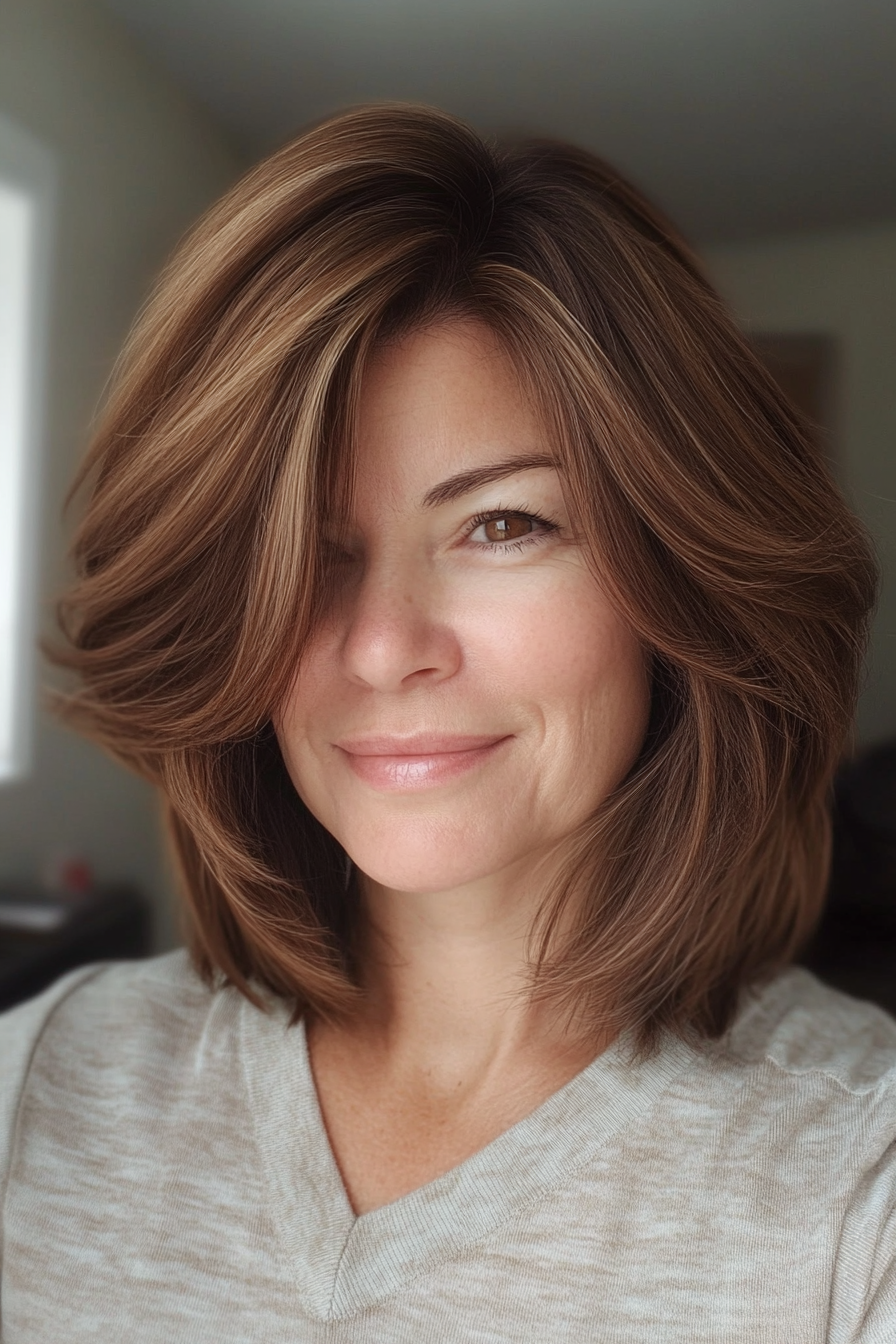 1. oft Layered Bob with Warm Chestnut Brown (Hairstyles For Women Over 50 With Thin Hair) - Hairstyles For Women Over 50 With Thin Hair