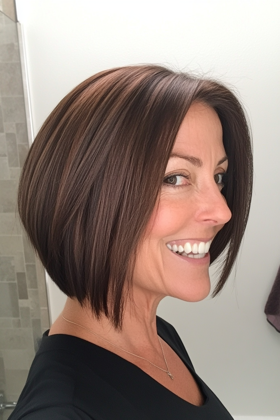 3. Chin-Length Angled Bob with Deep Brunette (Hairstyles For Women Over 50 With Thin Hair) - Hairstyles For Women Over 50 With Thin Hair