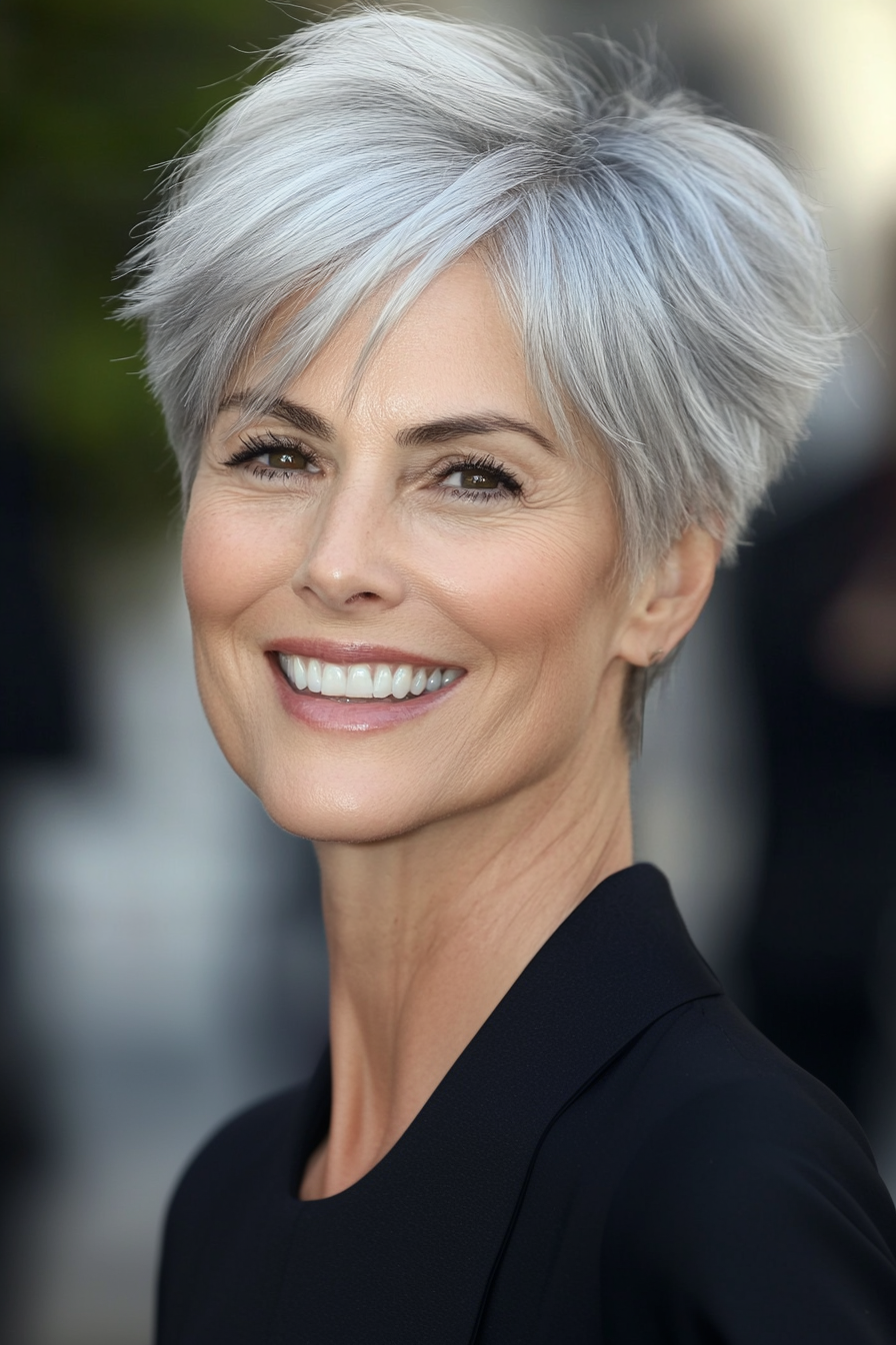 5. Tapered Short Cut with Silver Gray (Hairstyles For Women Over 50 With Thin Hair) - Hairstyles For Women Over 50 With Thin Hair