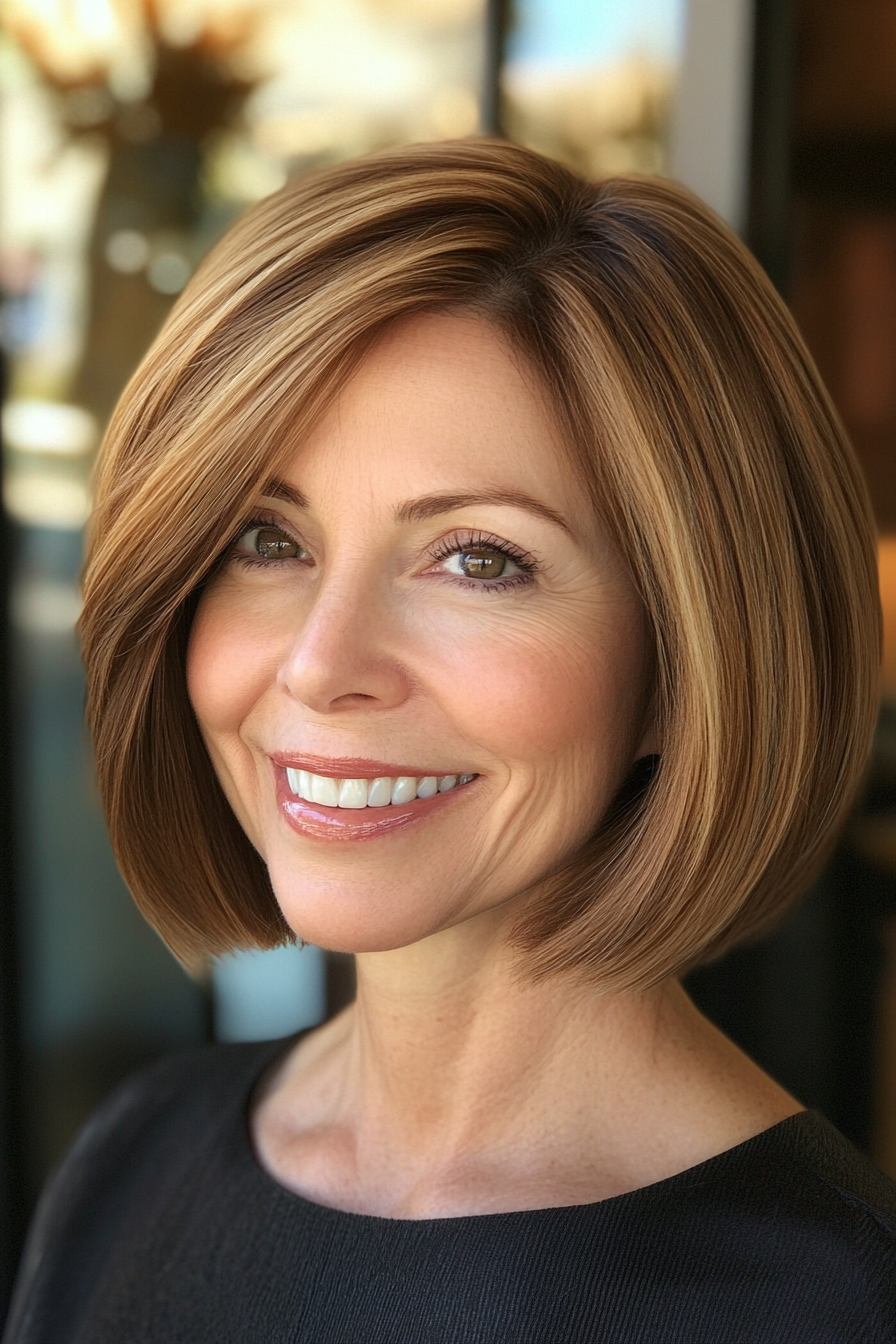 8. Blunt Cut Bob with Caramel Brown Highlights (Hairstyles For Women Over 50 With Thin Hair) - Hairstyles For Women Over 50 With Thin Hair