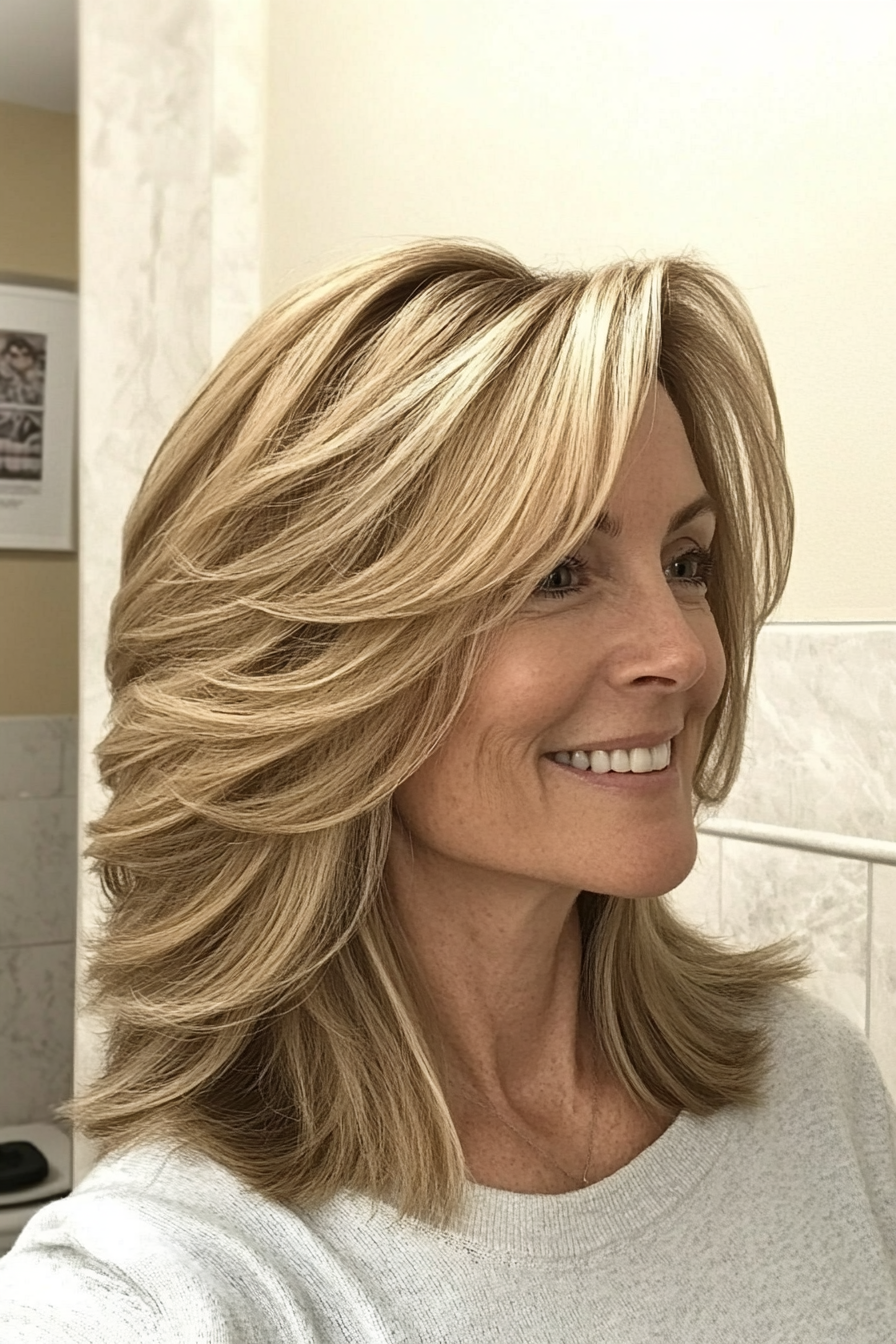 9. Layered Shoulder-Length Cut with Honey Blonde (Hairstyles For Women Over 50 With Thin Hair) - Hairstyles For Women Over 50 With Thin Hair
