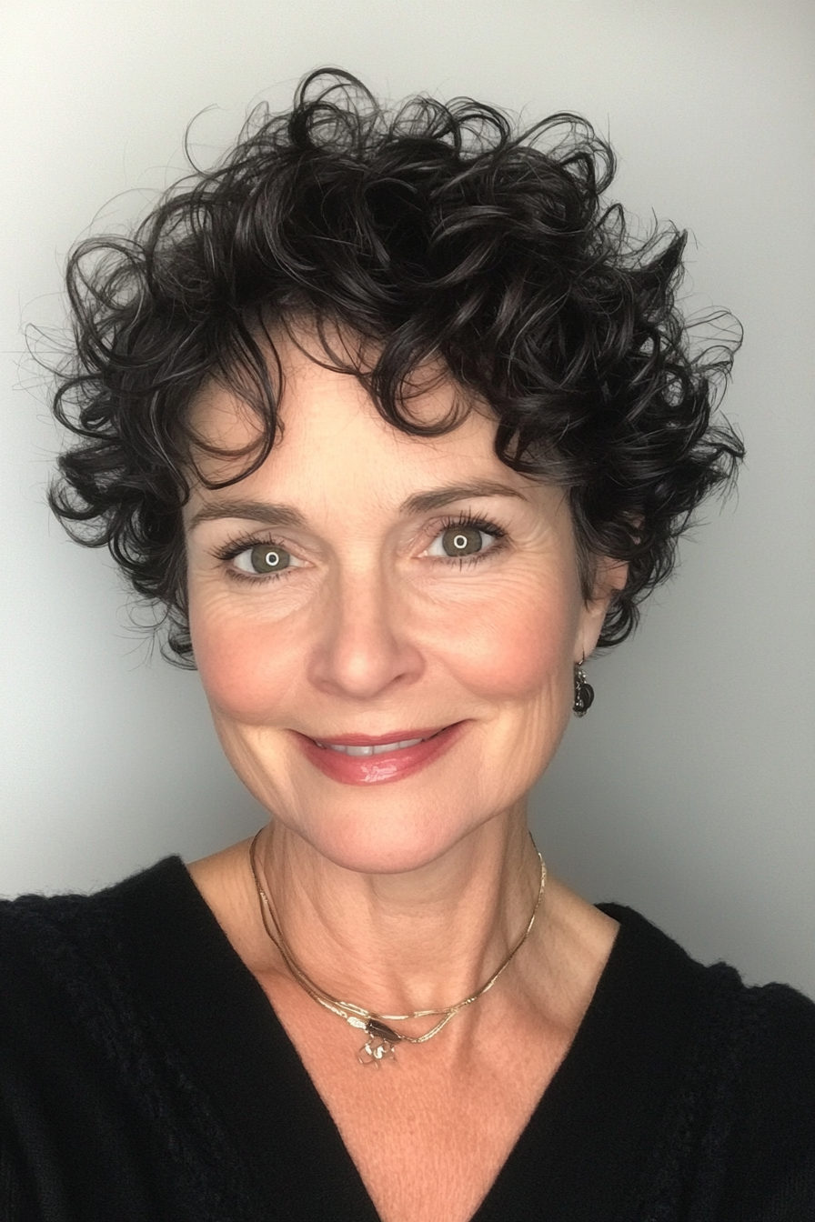 15. Curly Crop with Deep Black (Hairstyles For Women Over 50 With Thin Hair) - Hairstyles For Women Over 50 With Thin Hair