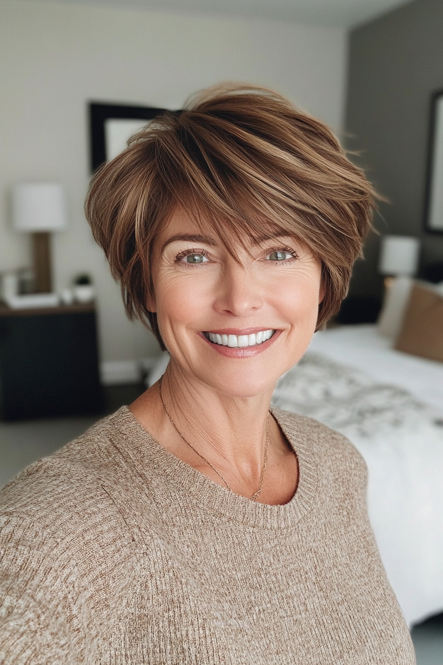 20. Layered Crop with Natural Warm Brown (Hairstyles For Women Over 50 With Thin Hair) - Hairstyles For Women Over 50 With Thin Hair