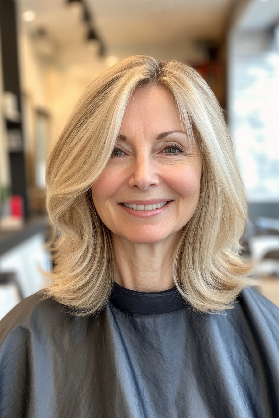 25. Feathered Lob with Soft Golden Blonde (Hairstyles For Women Over 50 With Thin Hair) - Hairstyles For Women Over 50 With Thin Hair