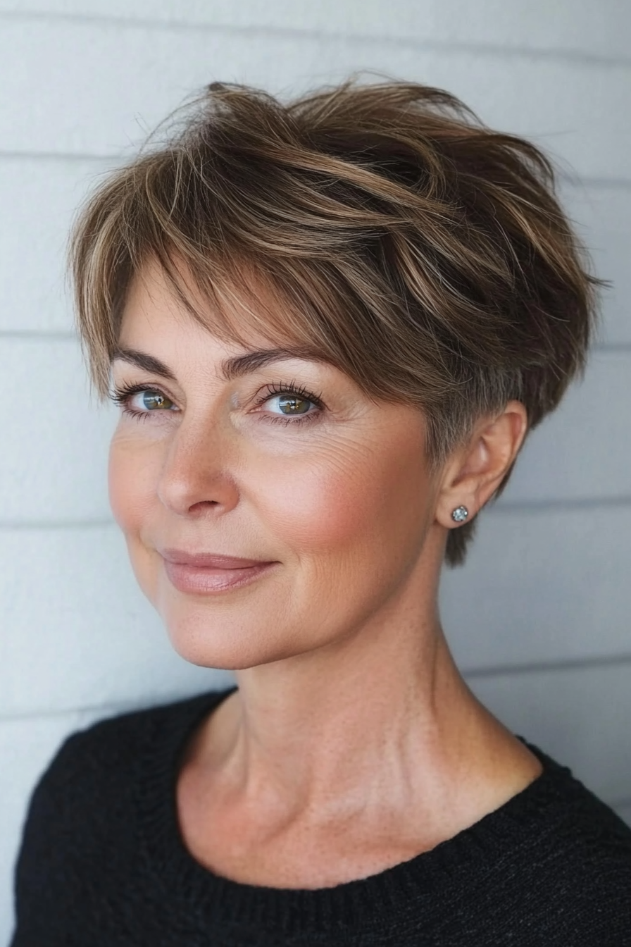 27. Grown-Out Pixie with Medium Warm Brown (Hairstyles For Women Over 50 With Thin Hair) - Hairstyles For Women Over 50 With Thin Hair
