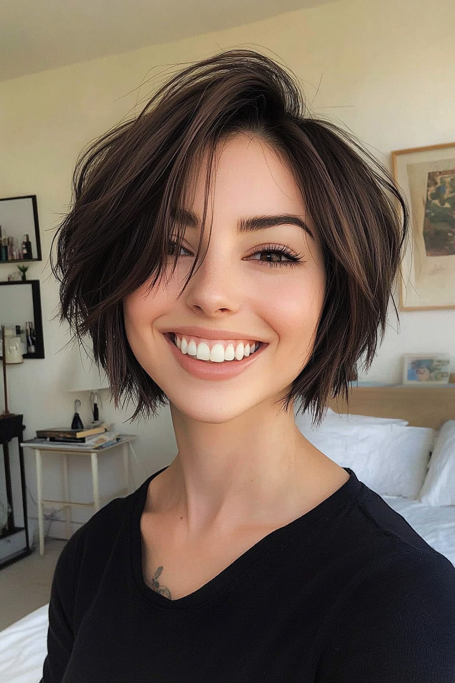 2. Chin-Length Choppy Bob in Dark Espresso (Short Hairstyles With Layers) - Short Hairstyles With Layers