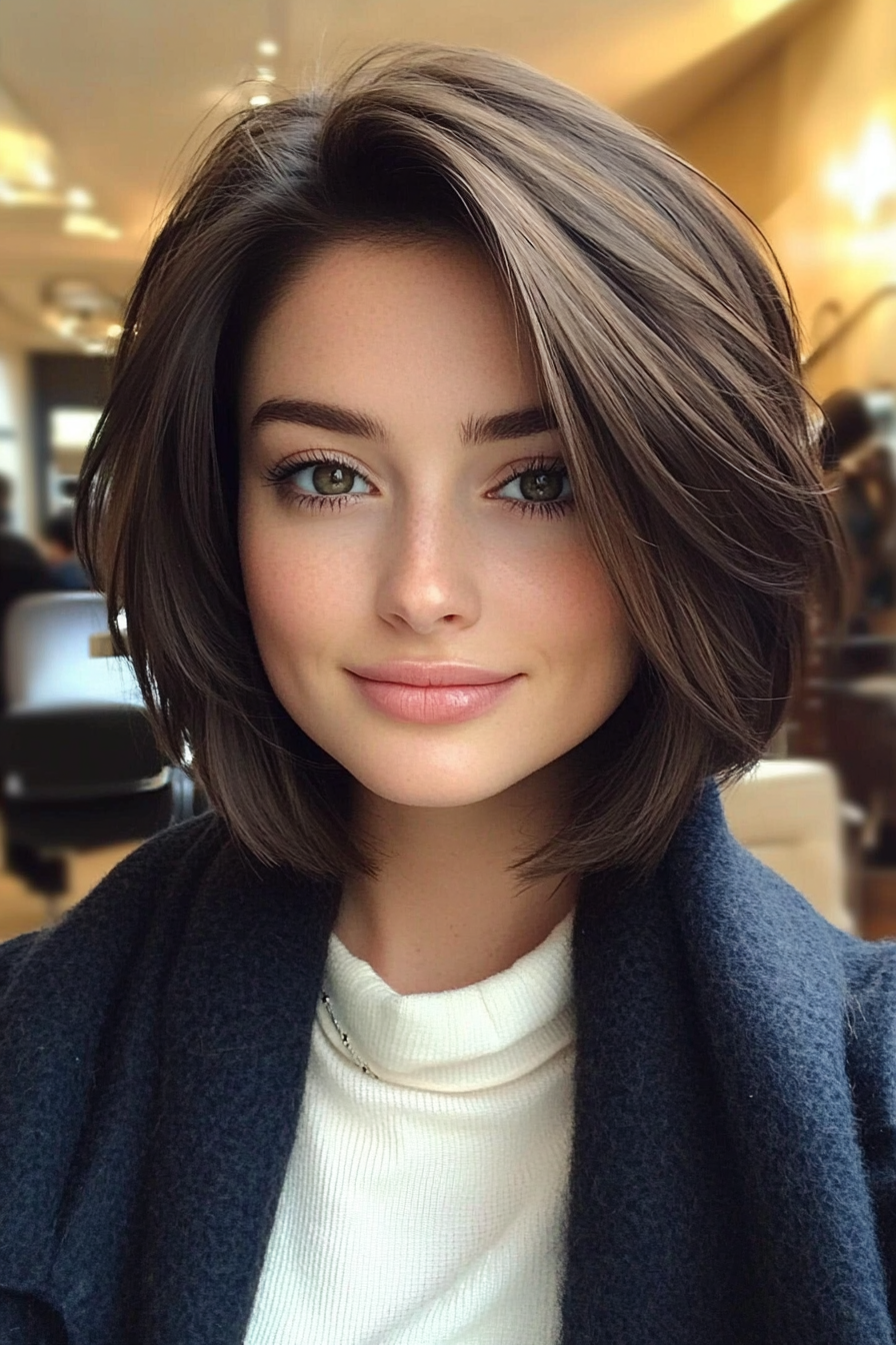 4. Angled Layered Lob in Deep Ash Brown (Short Hairstyles With Layers) - Short Hairstyles With Layers