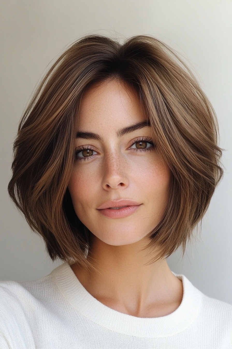 9. Layered French Bob in Warm Caramel Brown (Short Hairstyles With Layers) - Short Hairstyles With Layers
