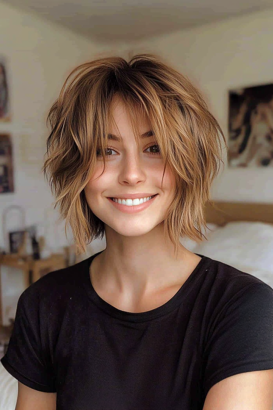 10. Messy Crop with Curtain Bangs in Medium Golden Brown (Short Hairstyles With Layers) - Short Hairstyles With Layers