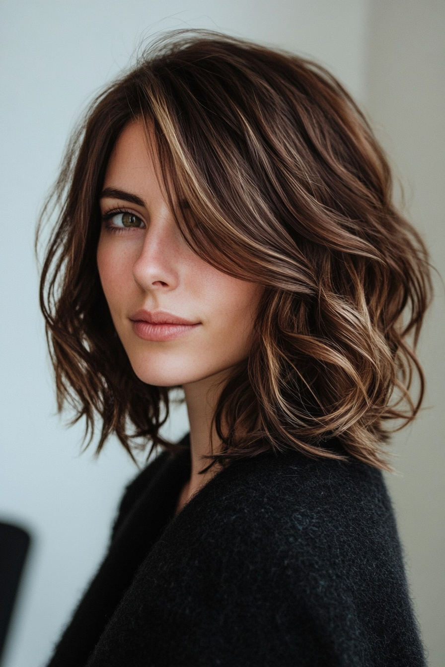 17. Wavy Layered Lob in Warm Chocolate Brown (Short Hairstyles With Layers) - Short Hairstyles With Layers