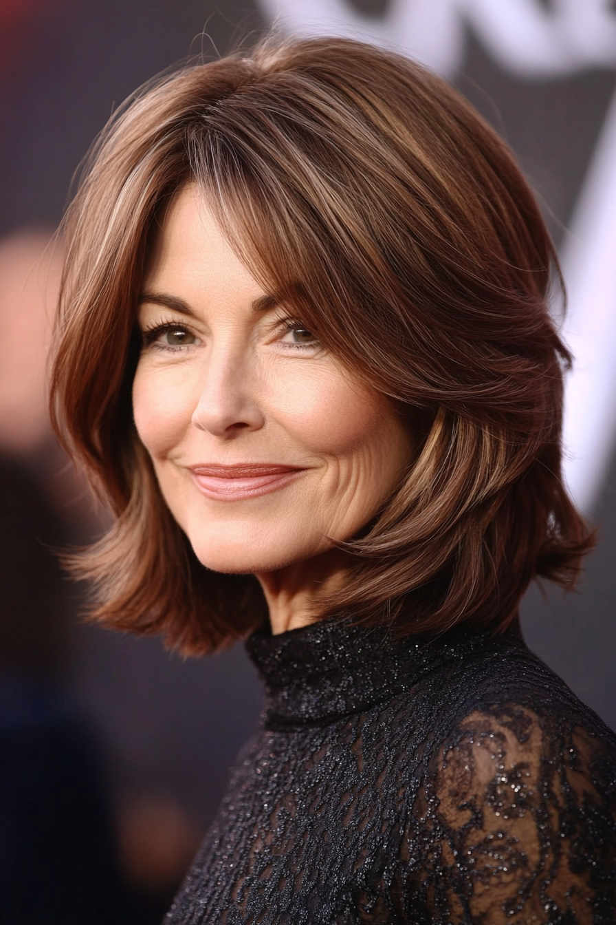 1. Soft Feathered Bob in Warm Chestnut (Layered Haircuts For Older Women) - Layered Haircuts For Older Women