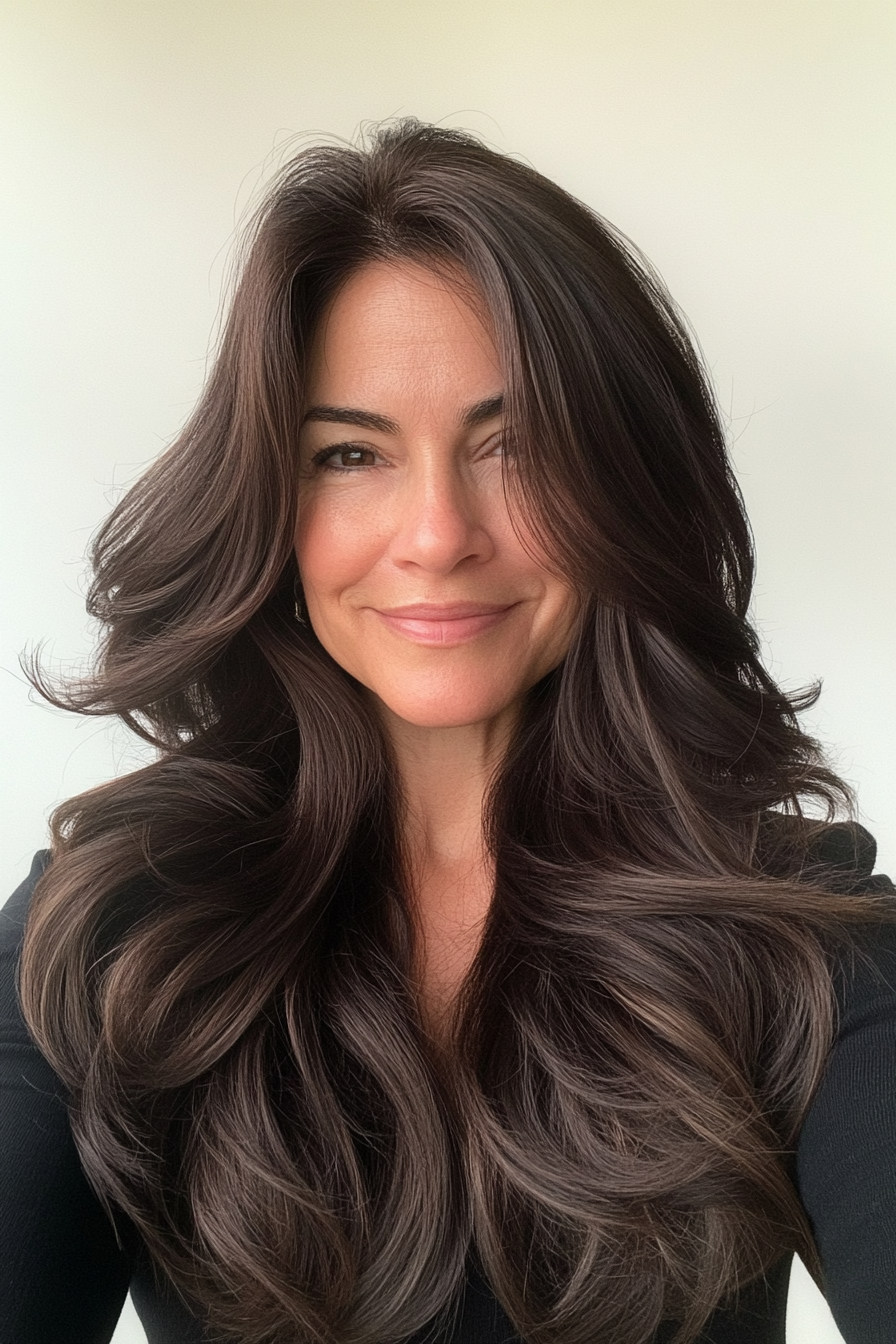 2. Long Layered Waves in Deep Brunette (Layered Haircuts For Older Women) - Layered Haircuts For Older Women