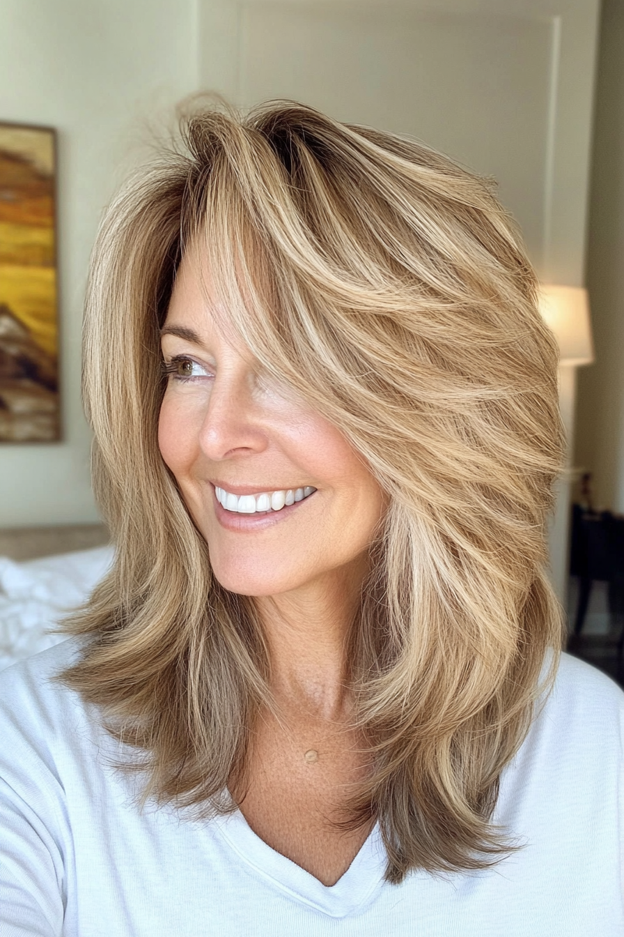 3. Shoulder-Length Layered Shag in Dark Honey Blonde (Layered Haircuts For Older Women) - Layered Haircuts For Older Women