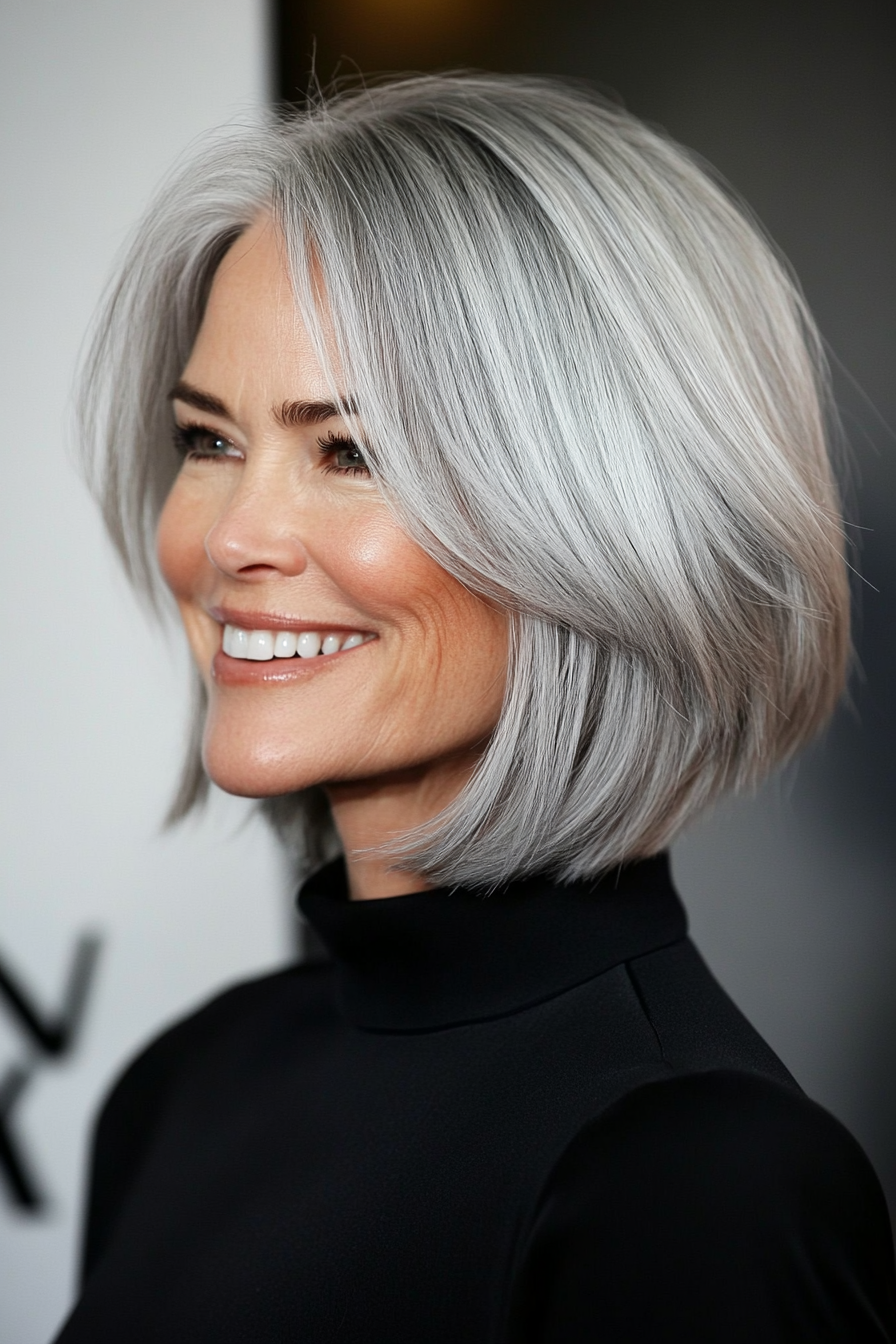 4. Chin-Length Layered Bob in Silver Ash (Layered Haircuts For Older Women) - Layered Haircuts For Older Women