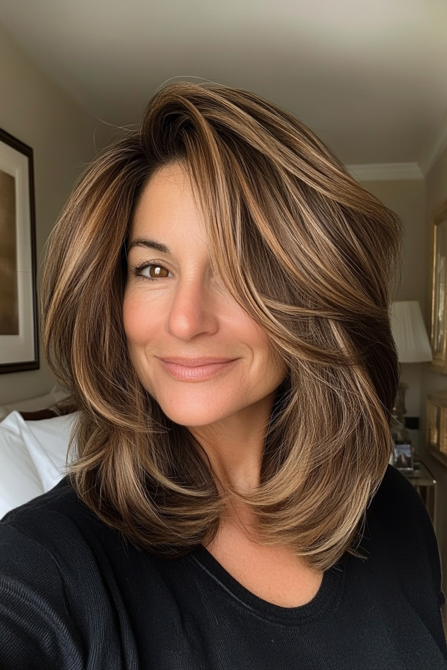 7. Voluminous Layered Lob in Caramel Brunette (Layered Haircuts For Older Women) - Layered Haircuts For Older Women