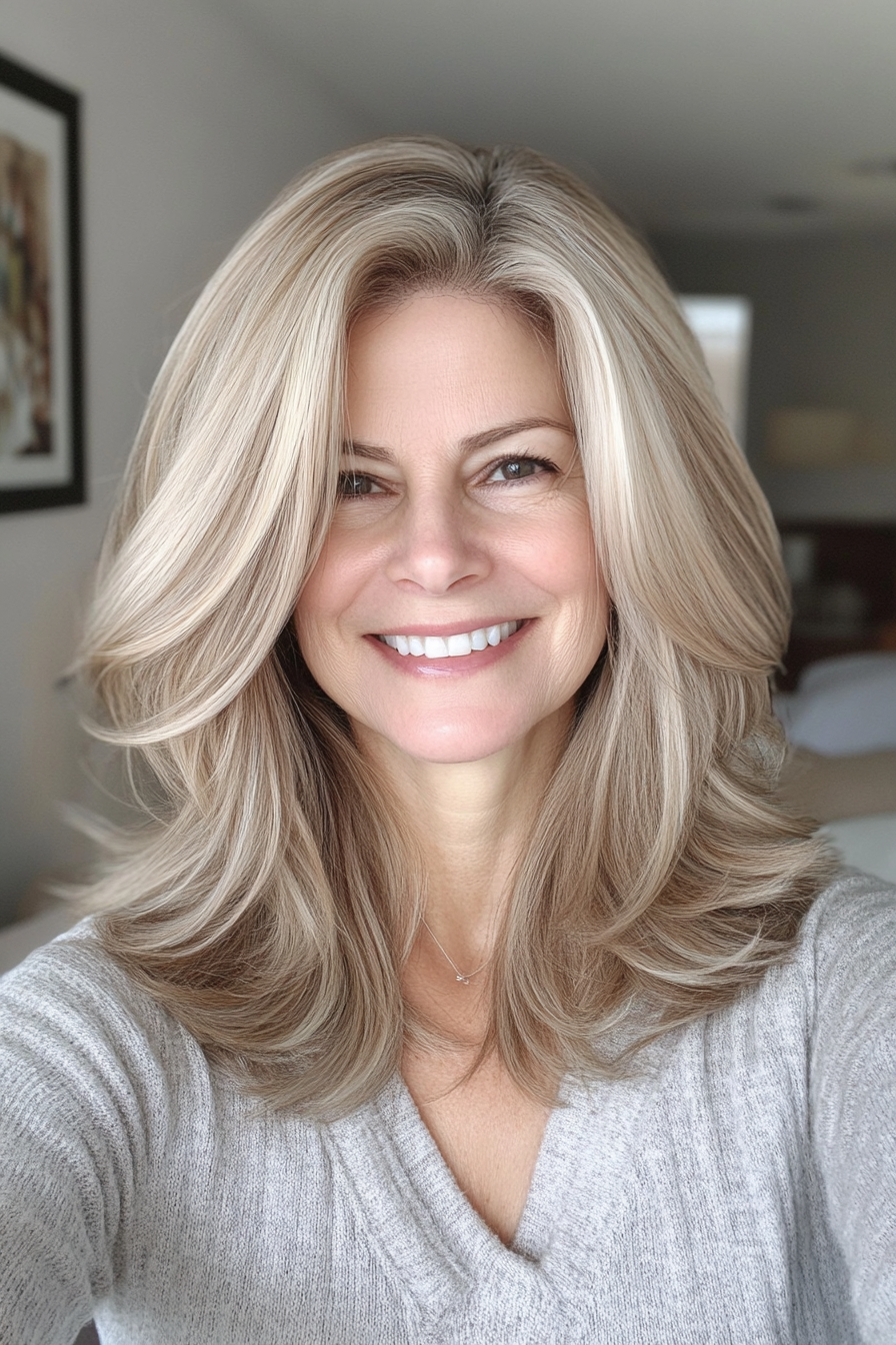 12. Softly Tapered Layers in Cool Beige Blonde (Layered Haircuts For Older Women) - Layered Haircuts For Older Women