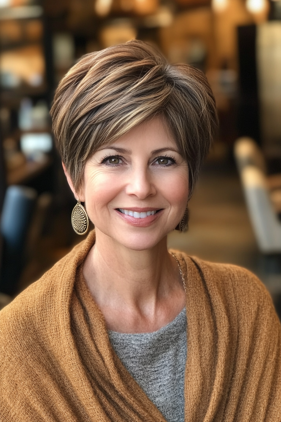 15. Side-Swept Layered Pixie in Dark Maple Brown (Layered Haircuts For Older Women) - Layered Haircuts For Older Women