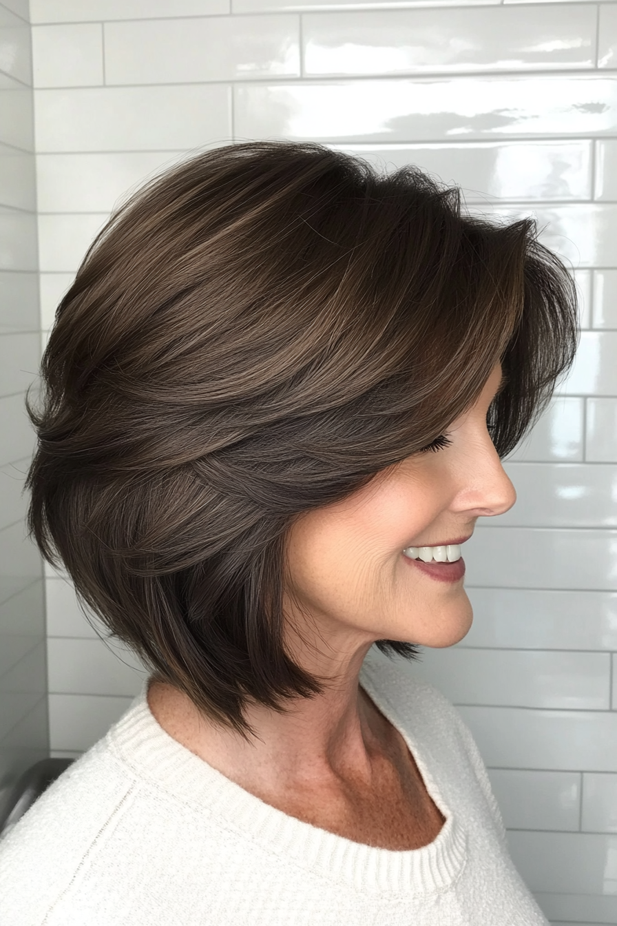 17. Stacked Bob with Layers in Dark Chocolate Brown (Layered Haircuts For Older Women) - Layered Haircuts For Older Women