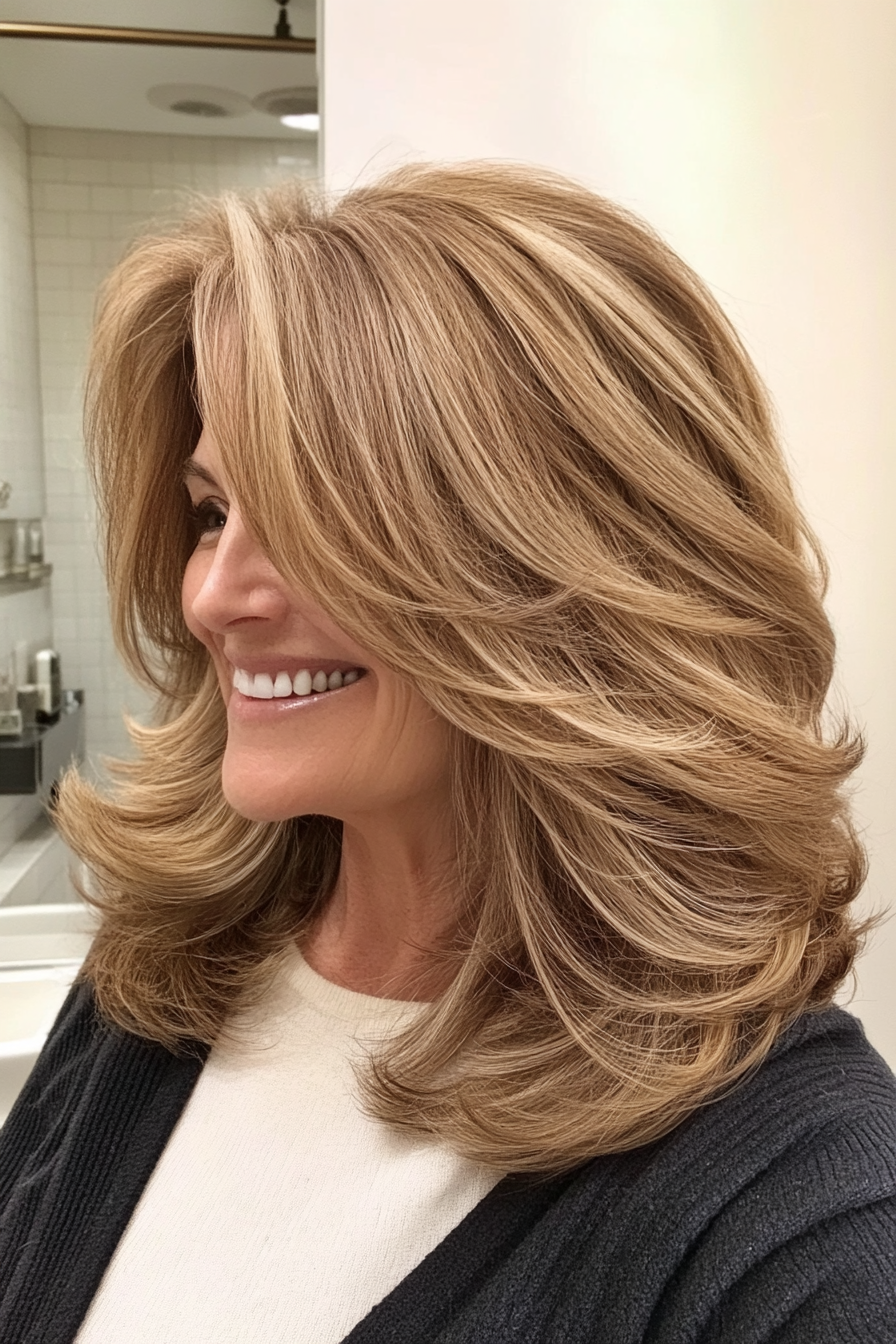 18. Mid-Length Wispy Layers in Deep Honey Brown (Layered Haircuts For Older Women) - Layered Haircuts For Older Women