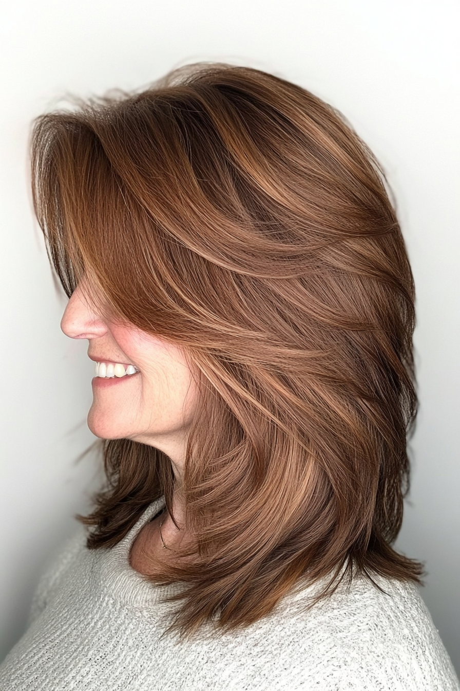 20. Blended Layered Shag in Copper Brown (Layered Haircuts For Older Women) - Layered Haircuts For Older Women