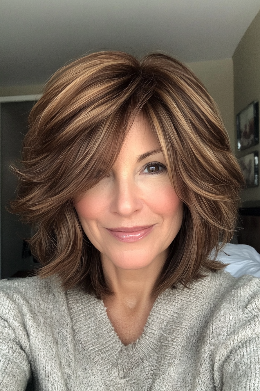 23. Layered Bob with Bangs in Soft Hazelnut Brown (Layered Haircuts For Older Women) - Layered Haircuts For Older Women