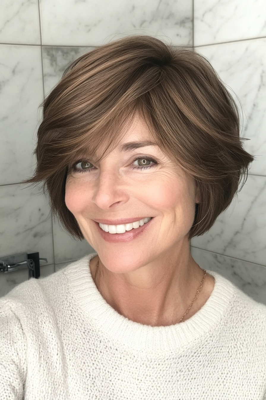 25. Neck-Length Layered Crop in Deep Walnut Brown (Layered Haircuts For Older Women) - Layered Haircuts For Older Women