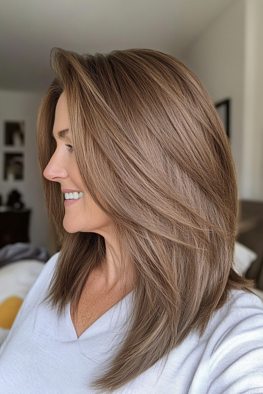 26. Sleek Mid-Length Layers in Warm Almond Brown (Layered Haircuts For Older Women) - Layered Haircuts For Older Women