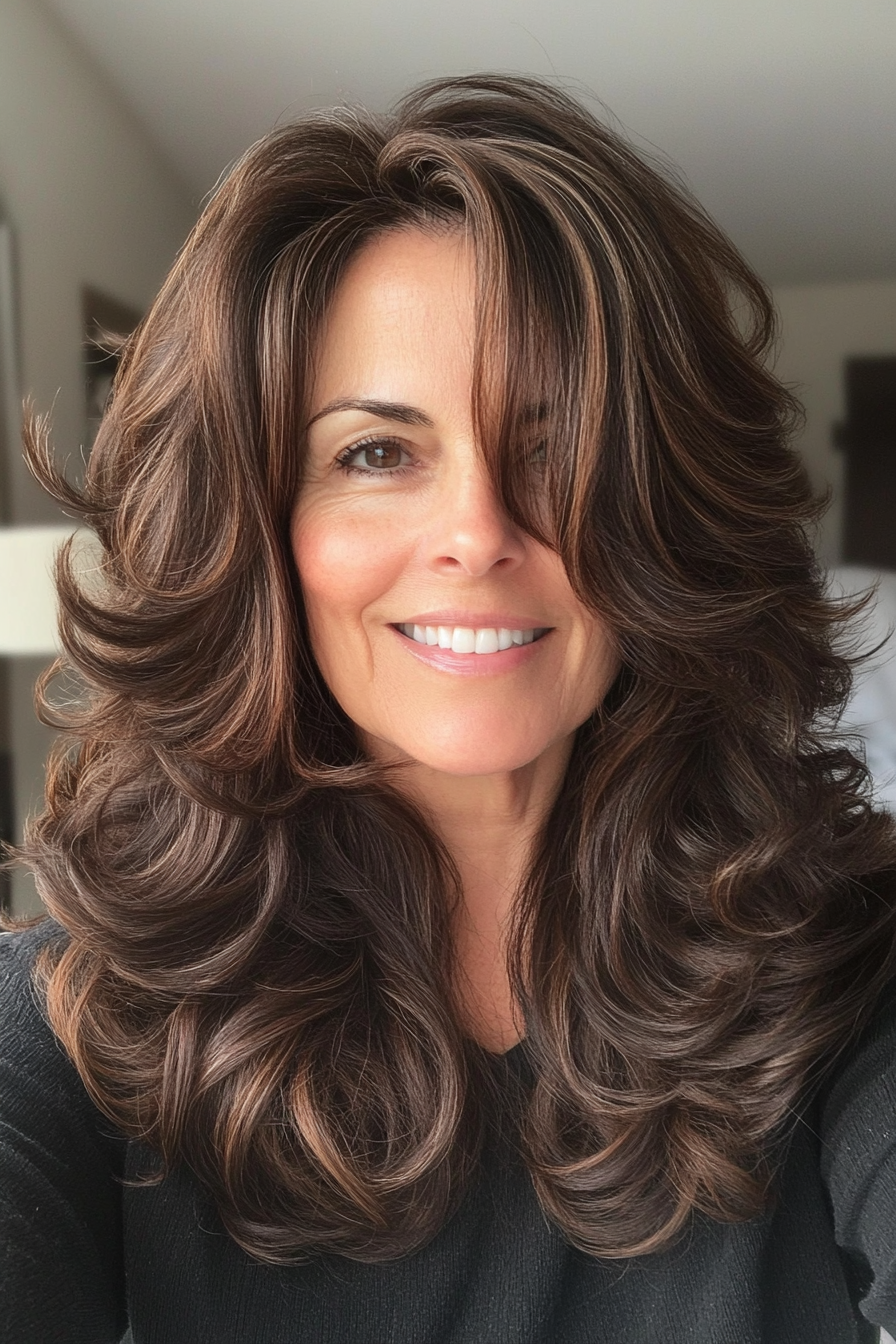 27. Flowing Layered Curls in Dark Mocha Brown (Layered Haircuts For Older Women) - Layered Haircuts For Older Women