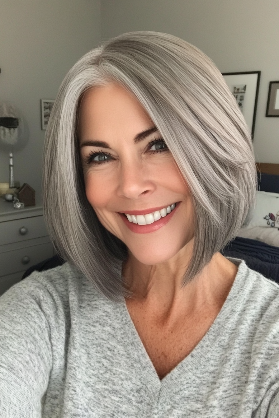 19. Asymmetrical Layered Bob in Silver Charcoal (Layered Haircuts For Older Women) - Layered Haircuts For Older Women