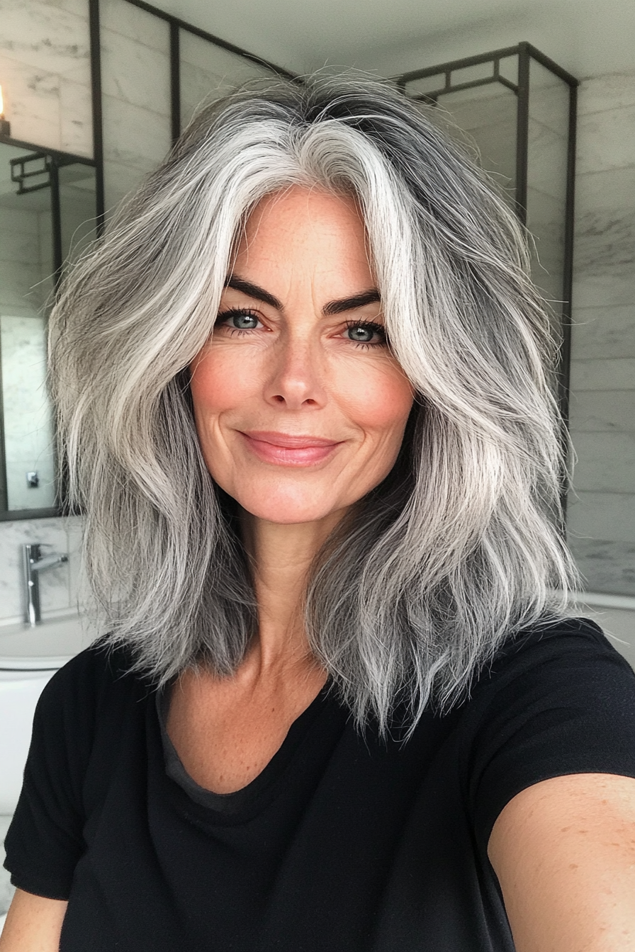 3. Salt-and-Pepper Layered Shag (Shag Haircuts For Older Women) - Shag Haircuts For Older Women