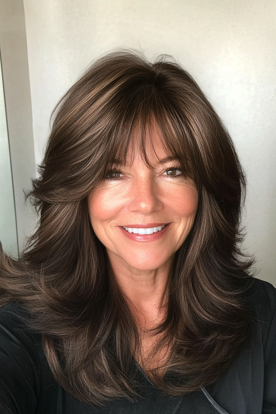 6. Silky Espresso Shag with Curtain Bangs (Shag Haircuts For Older Women) - Shag Haircuts For Older Women