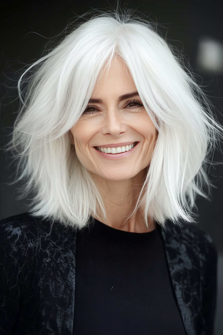 11. Icy White Shag with Tapered Ends (Shag Haircuts For Older Women) - Shag Haircuts For Older Women
