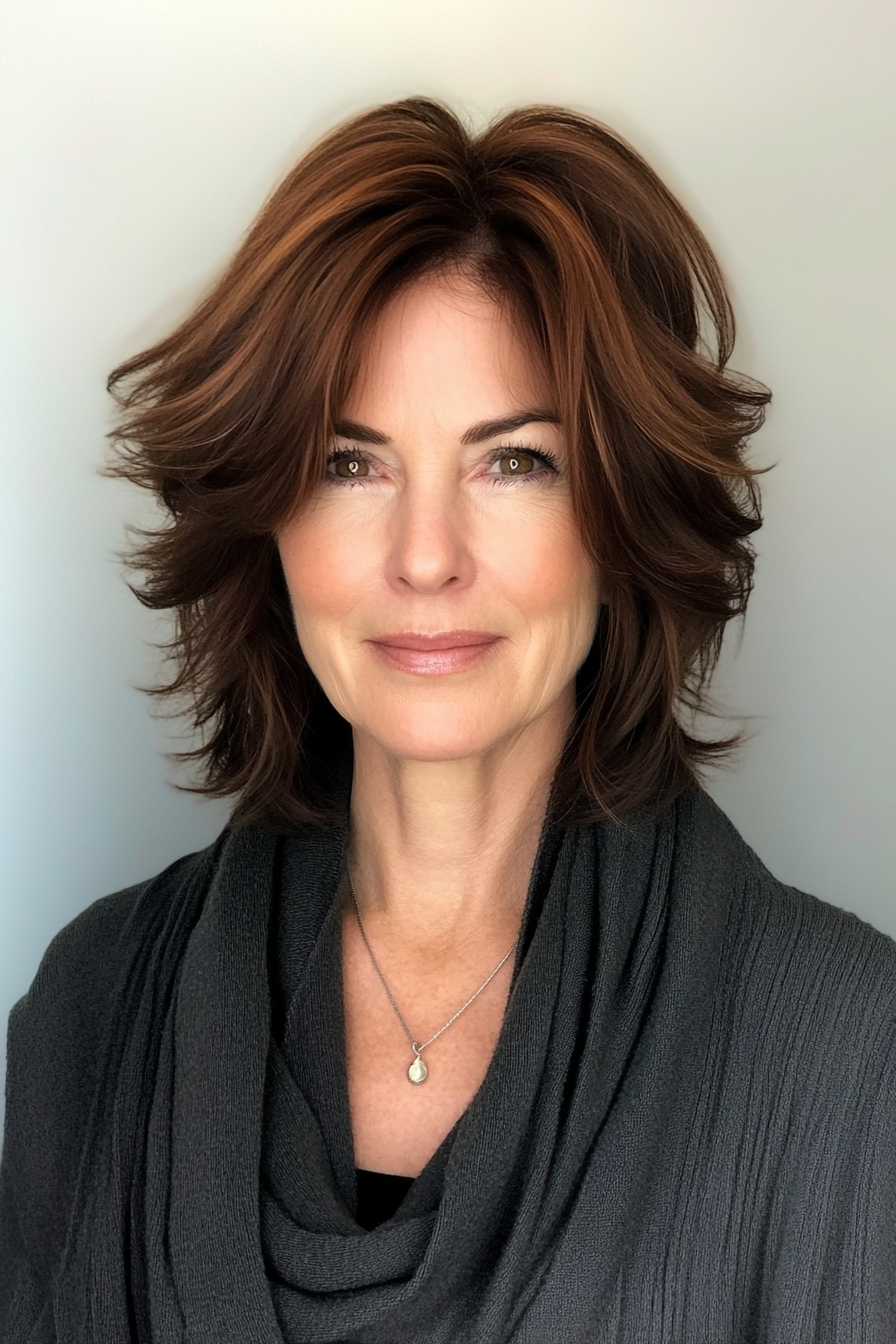 17. Soft Mahogany Feathered Shag (Shag Haircuts For Older Women) - Shag Haircuts For Older Women